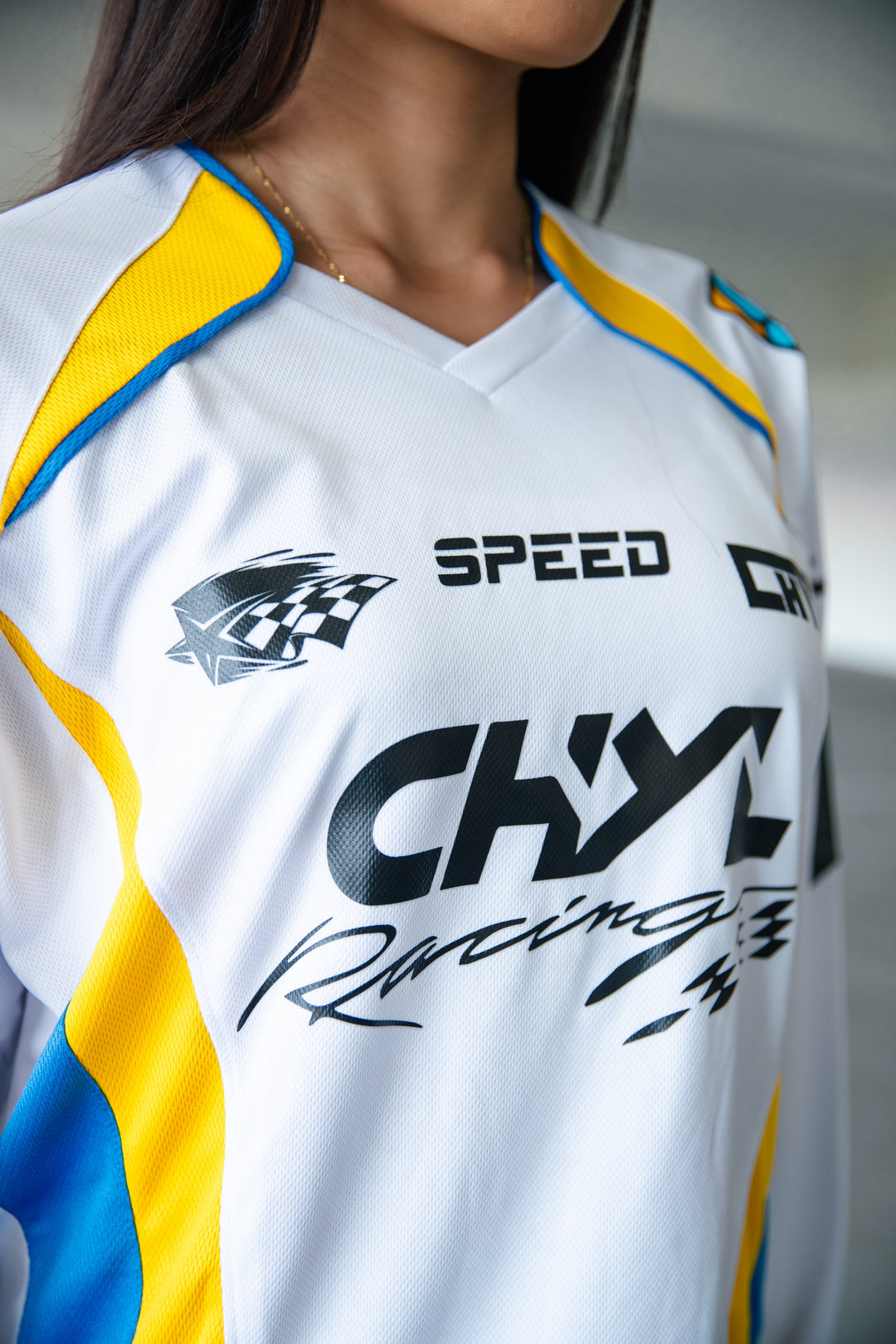 CHYL White Racing Jersey Female Model Frontside Closeup Detail